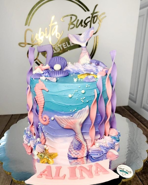 Pastel con decoración marina en morado y azul para cumpleaños- Lupita bustos